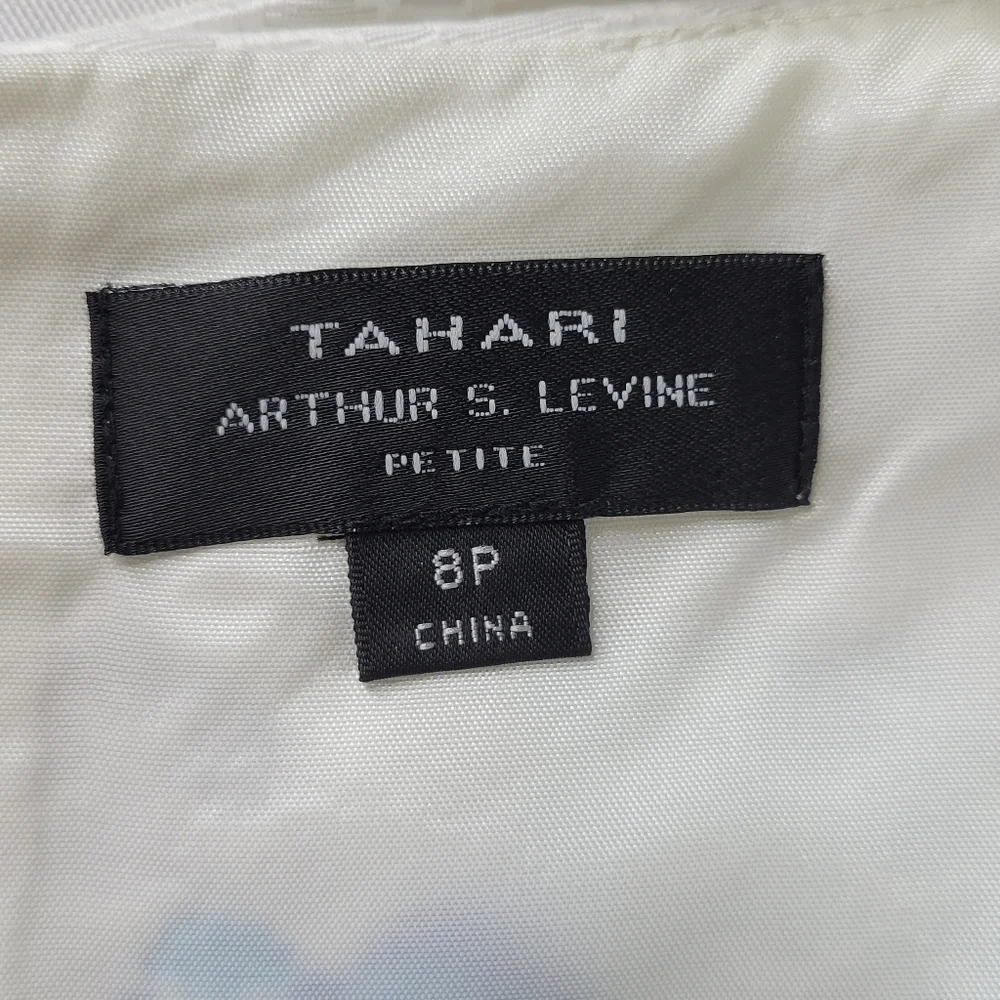 Tahari ASL Dress Size 8P White Blue Floral Sleeveless Box Pleat Pockets Textured - Picture 6 of 10